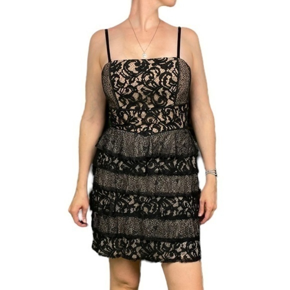 BCBGMAXAZRIA Black Nude Lace Tiered Skirt Ellie Dress 8 - Picture 1 of 16
